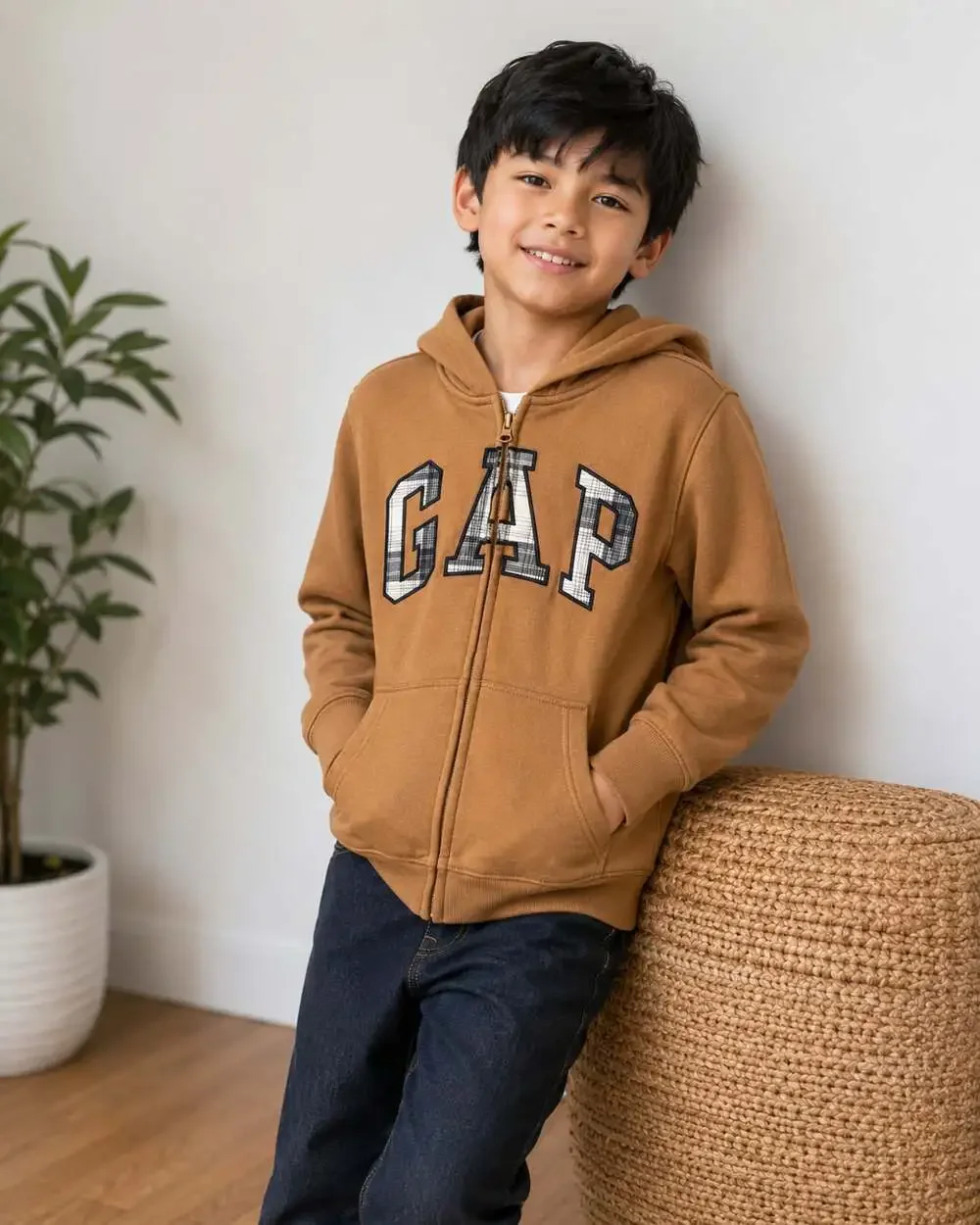 GAP Kids Plaid Logo Full-Zip Hoodie Brown Size M 8–9